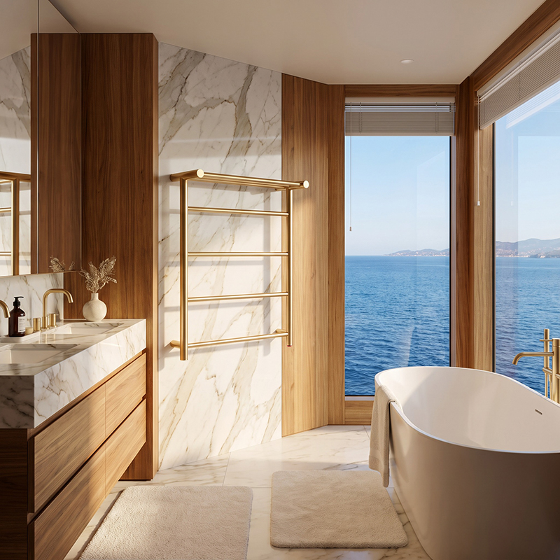 High-end hotel suite bathroom featuring Bergoto electric towel warmer racks