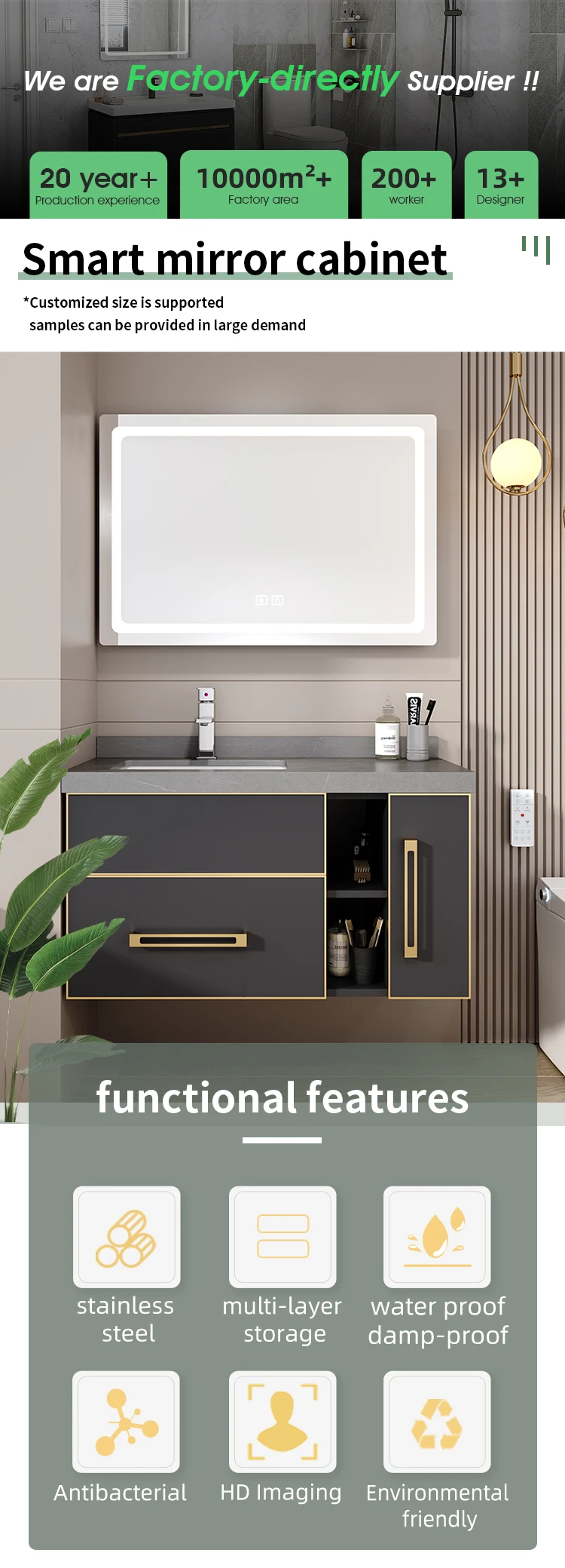 LED bathroom mirror cabinet set with grey slate countertop - front view