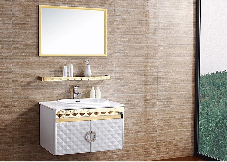 White and gold glossy stainless steel bathroom vanity - front view