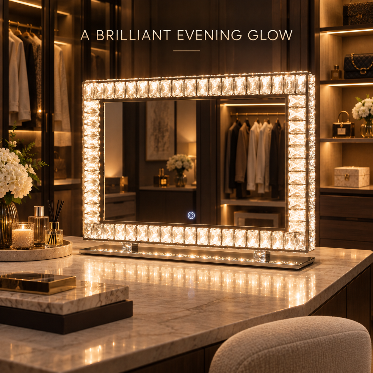 Crystal-framed makeup mirror on a vanity with wardrobe shelves and reflected light patterns on the wall