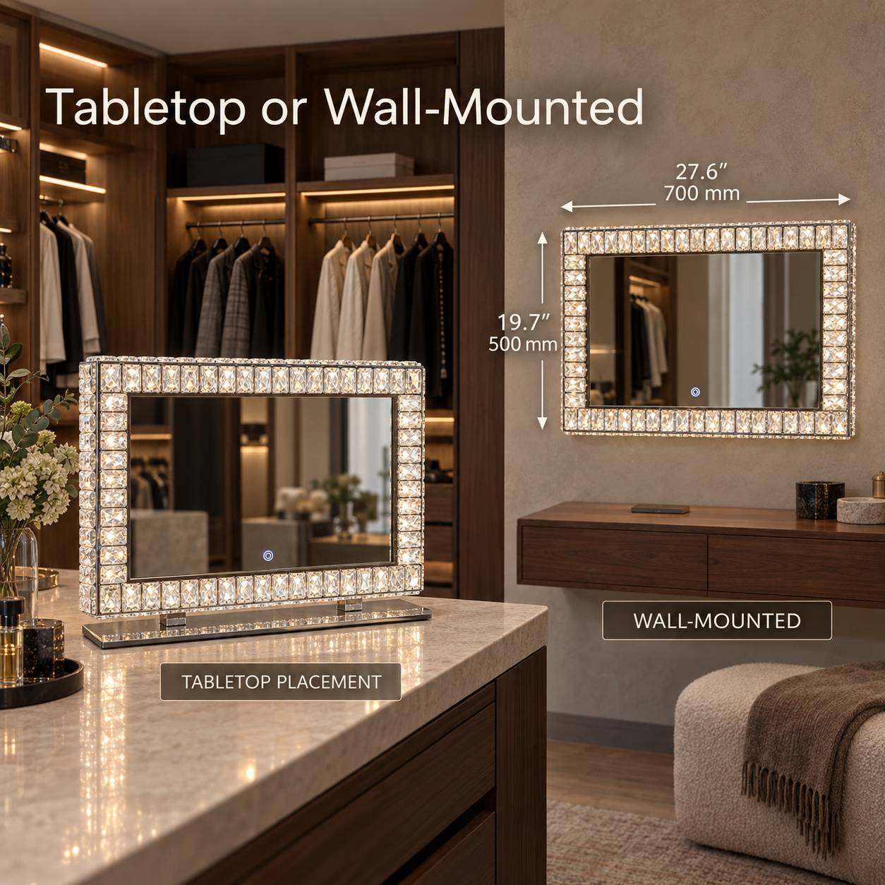 Side-by-side views of crystal vanity mirror on a tabletop and mounted on a wall, with 27.6 by 19.7 inch dimensions