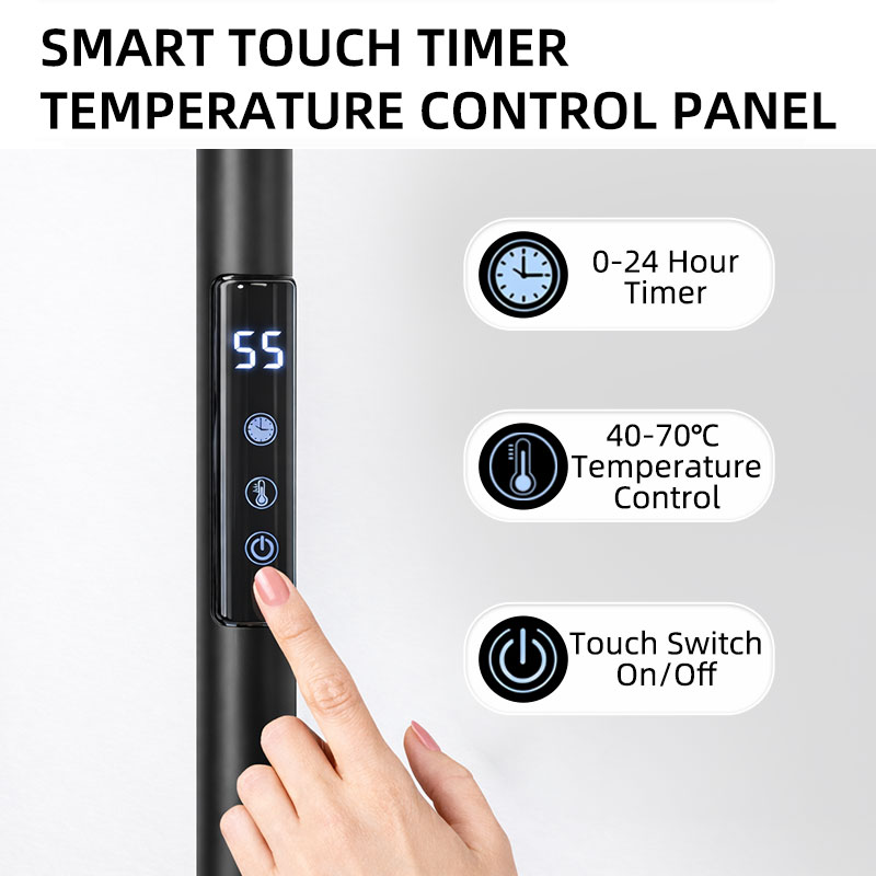 Close-up of a digital timer control panel on a luxury stainless steel heated rack.