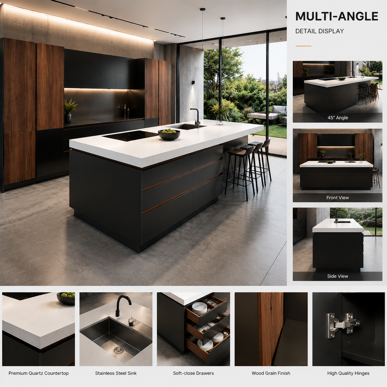 Minimalist modern kitchen rendering emphasizing proper spatial planning and structural integration on a dark background.