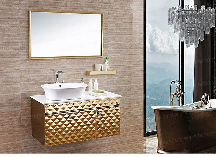 39 inches golden stainless steel wall mounted bathroom vanity front view