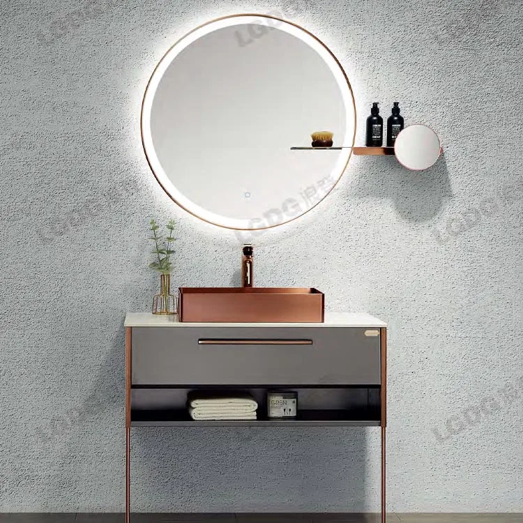 Close-up of modern basin and countertop on vanity cabinet