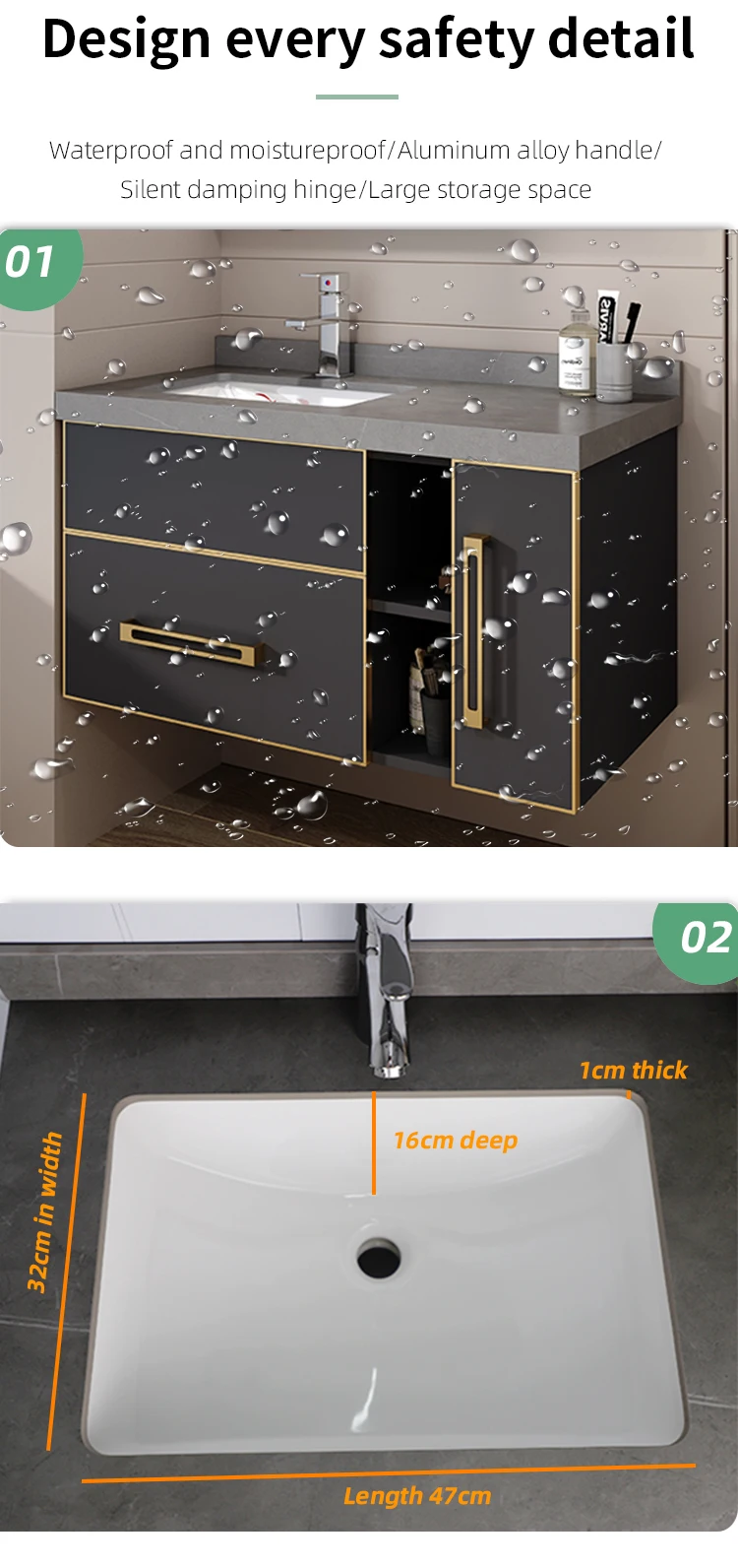 Space aluminum bathroom cabinet in modern black and gold finish