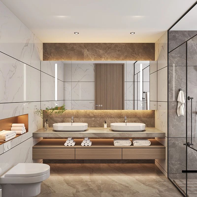 Integrated bathroom lighting with mirror and vanity set