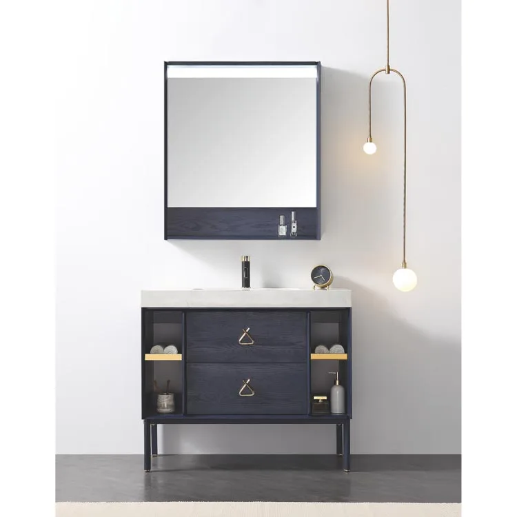 Luxury bathroom vanity with lighting shown as complete set