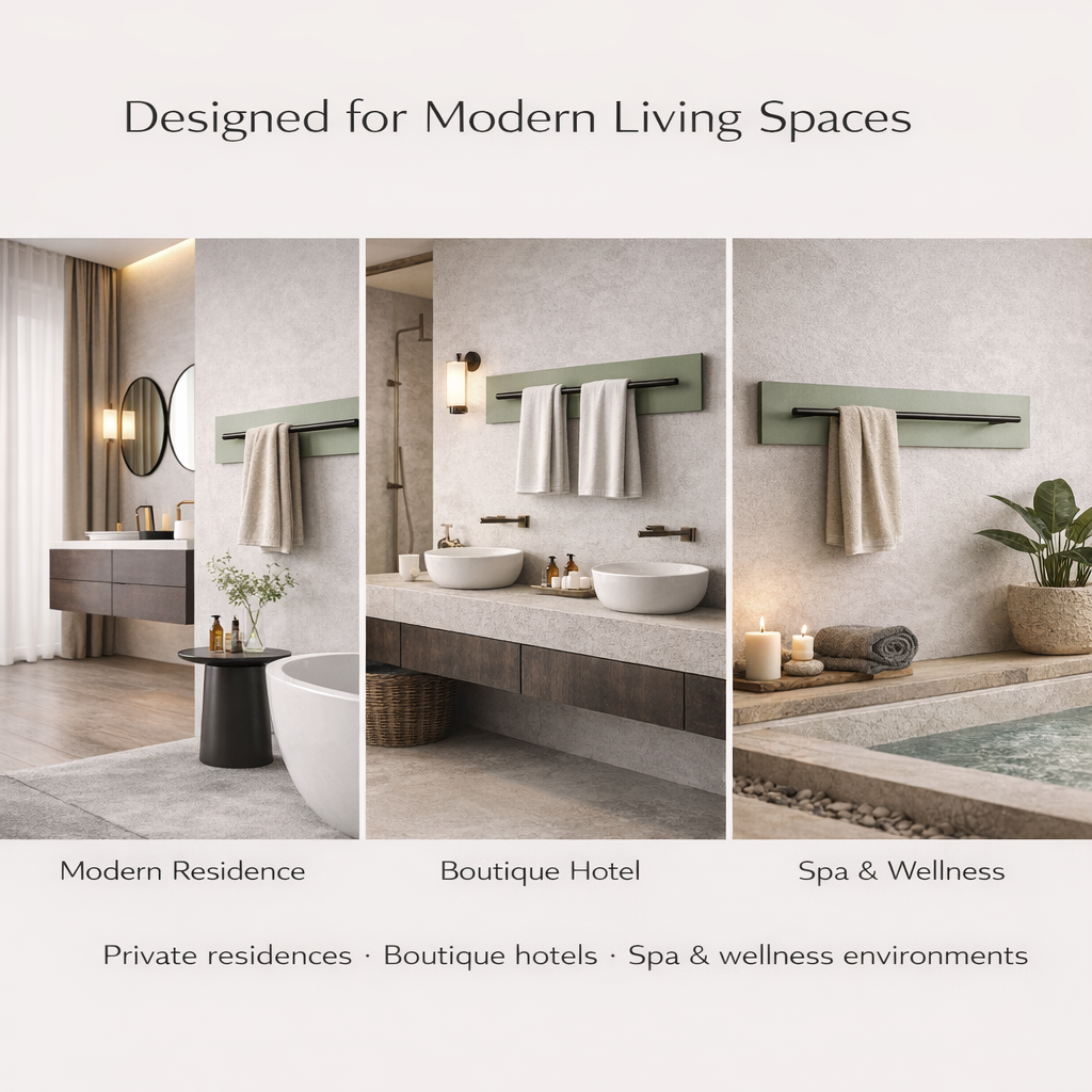 A collection of premium stainless steel towel rails in various finishes (Brushed Nickel, Gold, Matte Black) arranged in a gallery style.