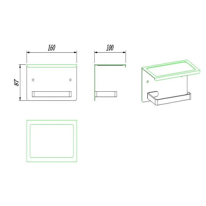 Square toilet tissue holder - front view and bar structure
