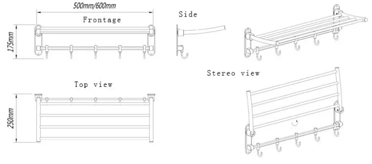 Multiple views of hotel towel rack with folded and hanging towels