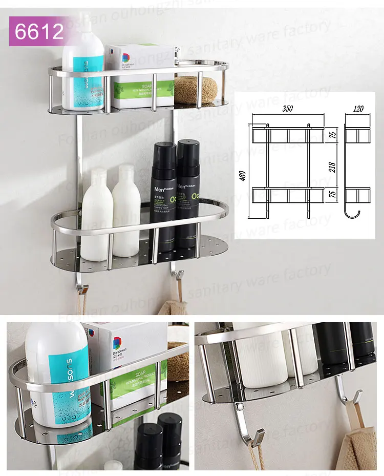 Corner bathroom shelf holding toiletries and hanging items
