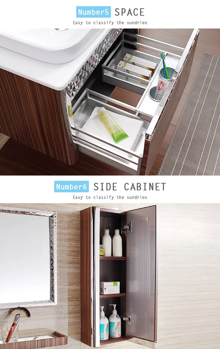 Close-up of partitioned drawer storage in vanity