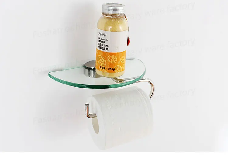 Toilet paper holder with glass shelf front view