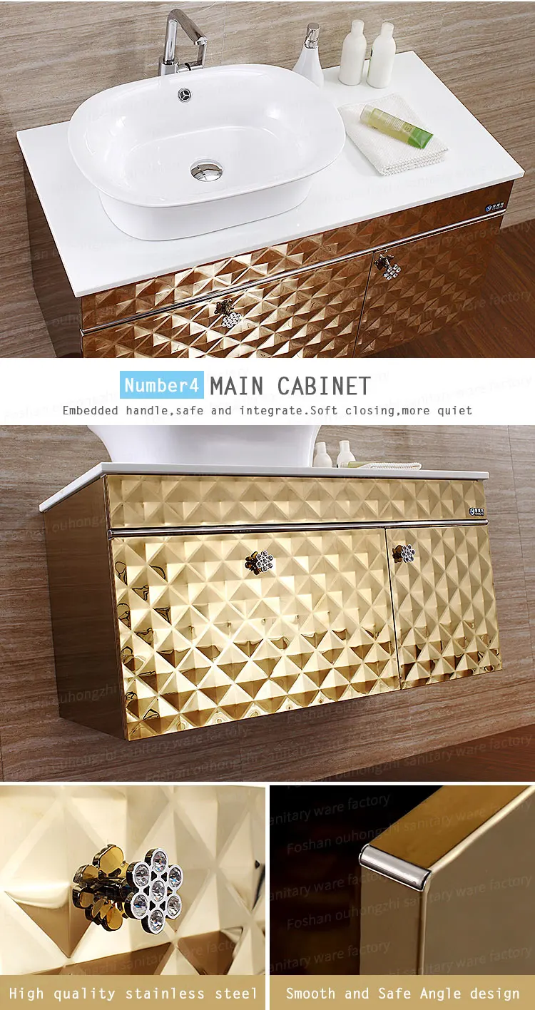 Side view of stainless steel bathroom vanity cabinet