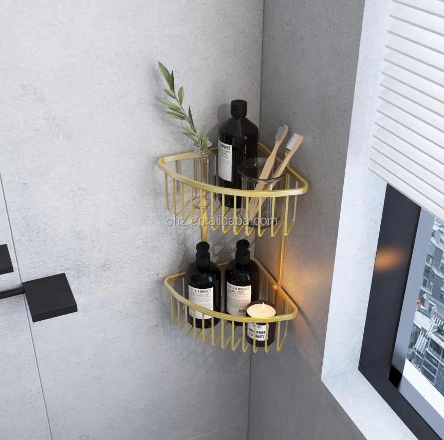 Corner bathroom shelf - black stainless steel shower caddy overall view