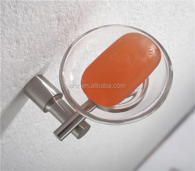 Glass shower soap dish with stainless steel holder front view