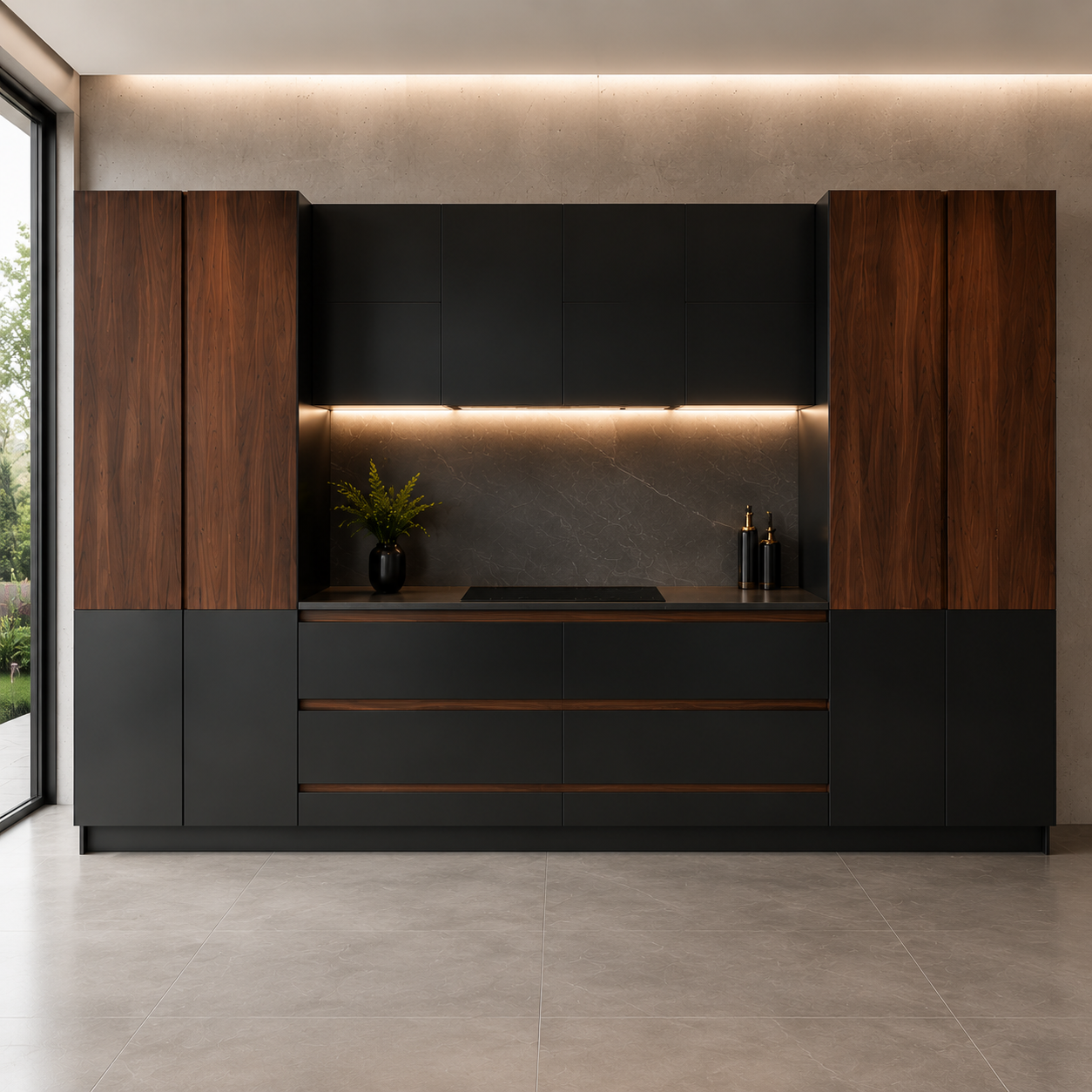 Modern minimalist luxury kitchen layout visualization with integrated appliances.
