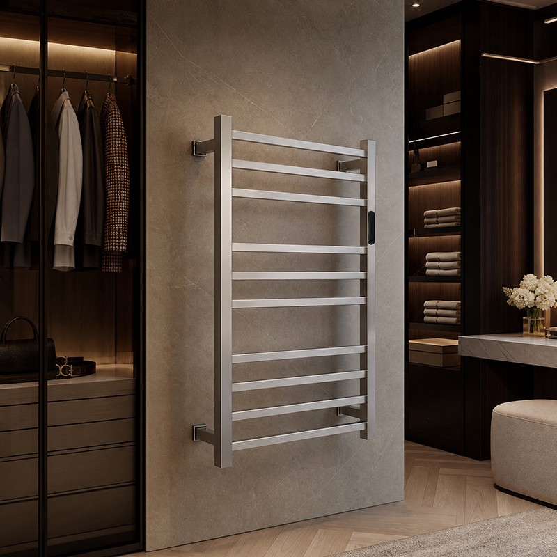 Close-up of modern digital timer interface integrated into a heated towel rack bar showing 2H and 4H indicator lights