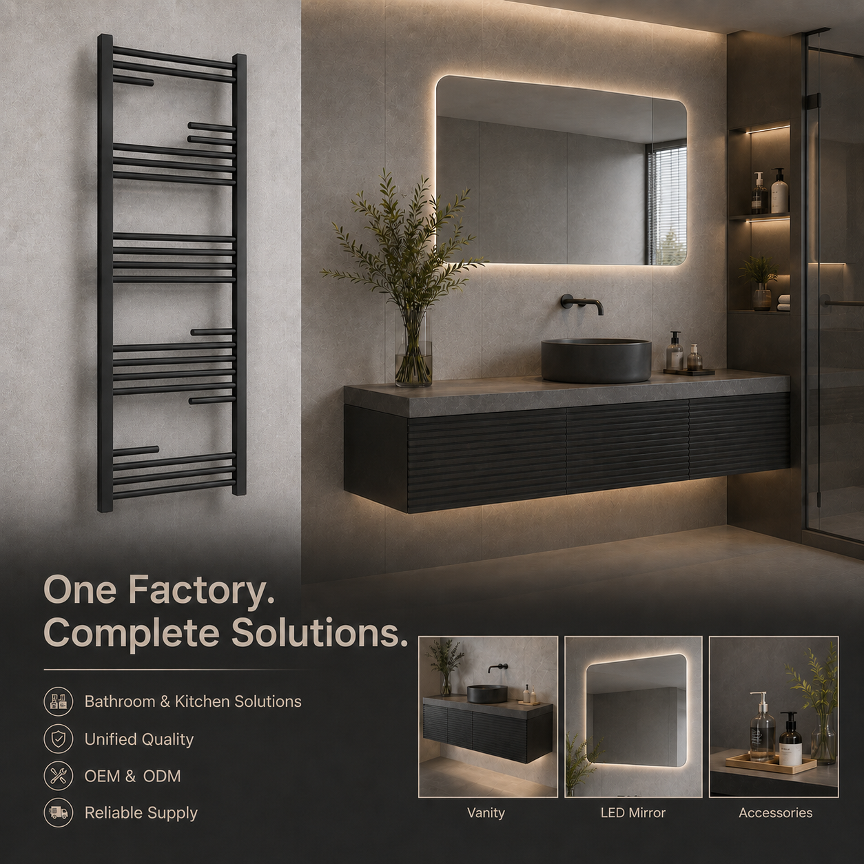Wall-mounted heated towel rail installed in modern luxury bathroom