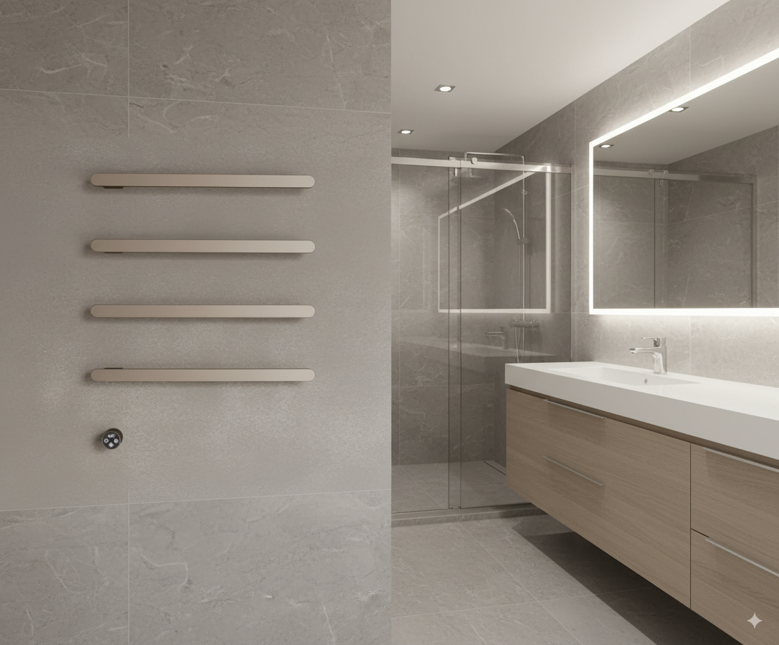 Smart towel warmer, intelligent heated towel rack, luxury bathroom amenities, hotel bathroom technology, energy-efficient towel warmer