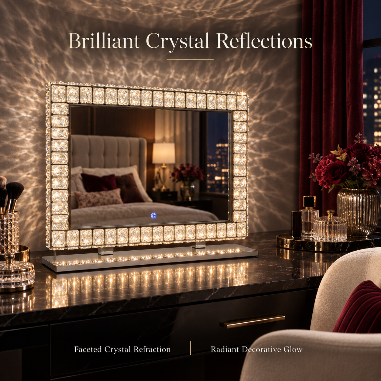Close-up of faceted glass crystal elements beside the illuminated crystal vanity mirror
