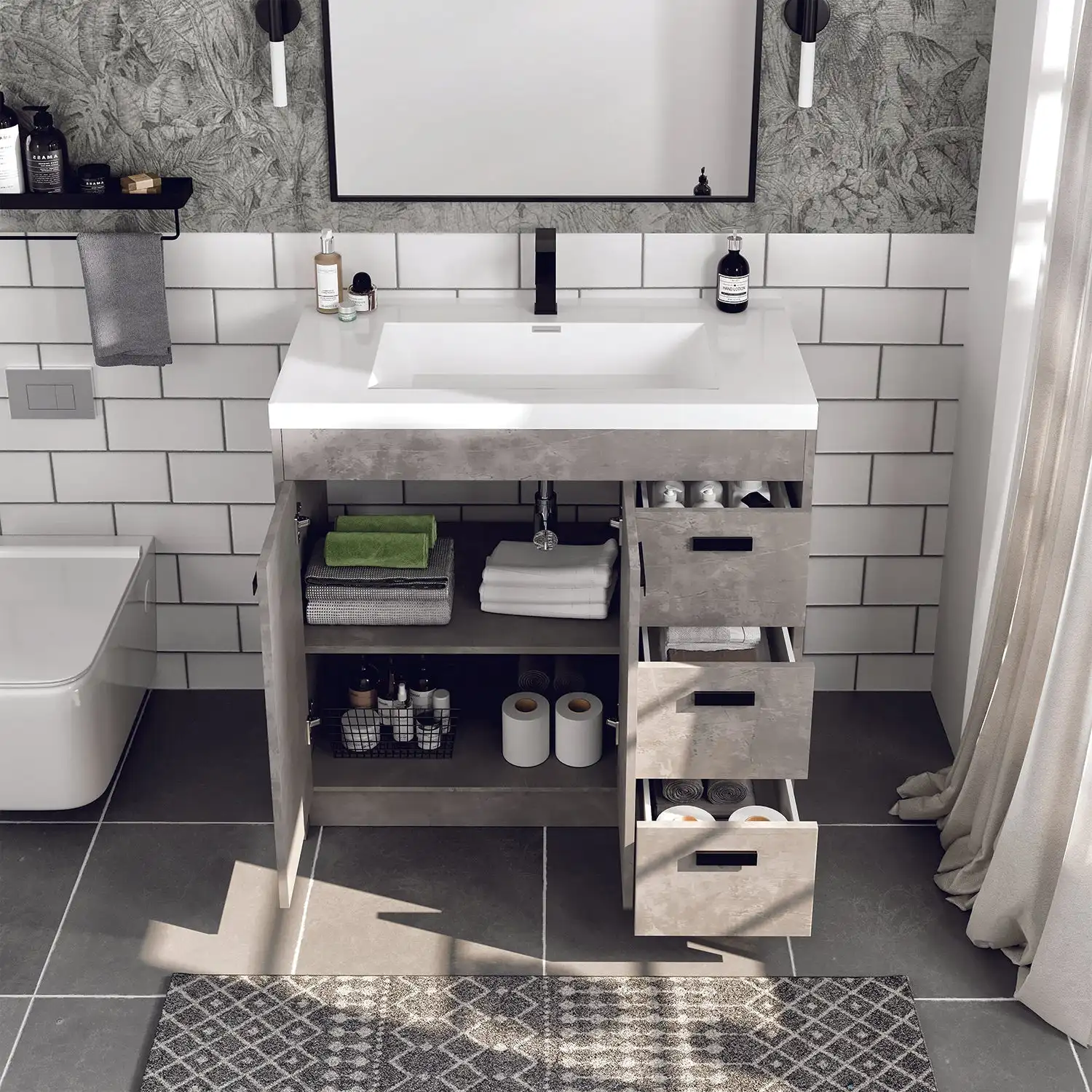 Side angle of gold waterfall spout and dual crystal handles