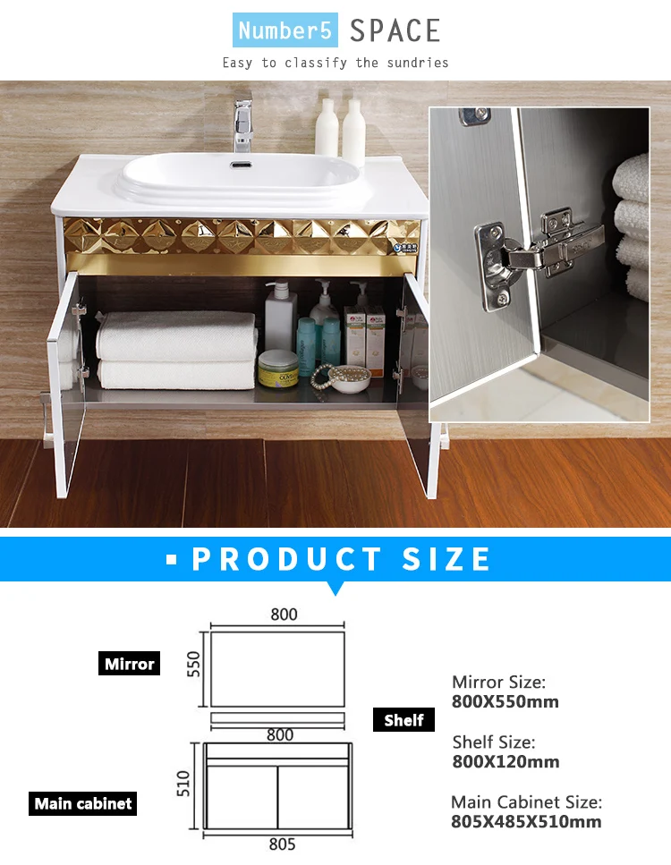 Side profile of modern bathroom vanity cabinet with gold accents