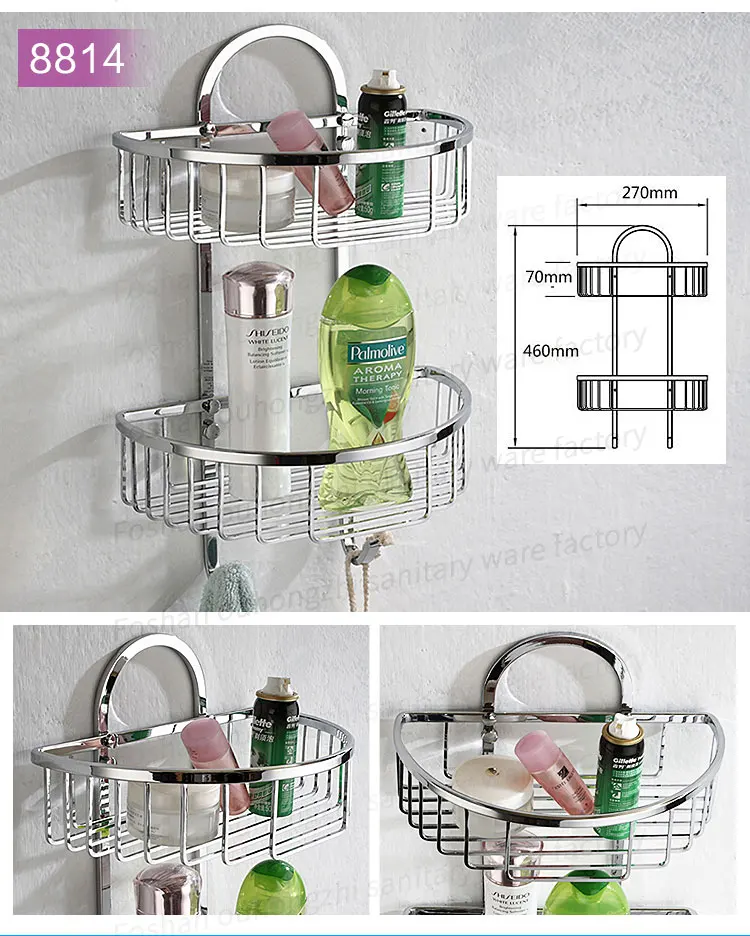 Detail close-up of stainless steel bathroom corner shelf surface