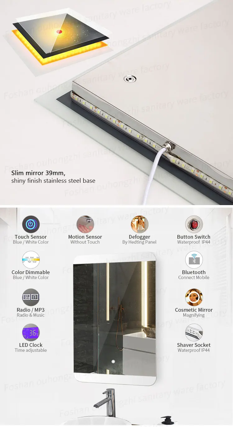 Anti-fog waterproof LED bathroom mirror - installed application view