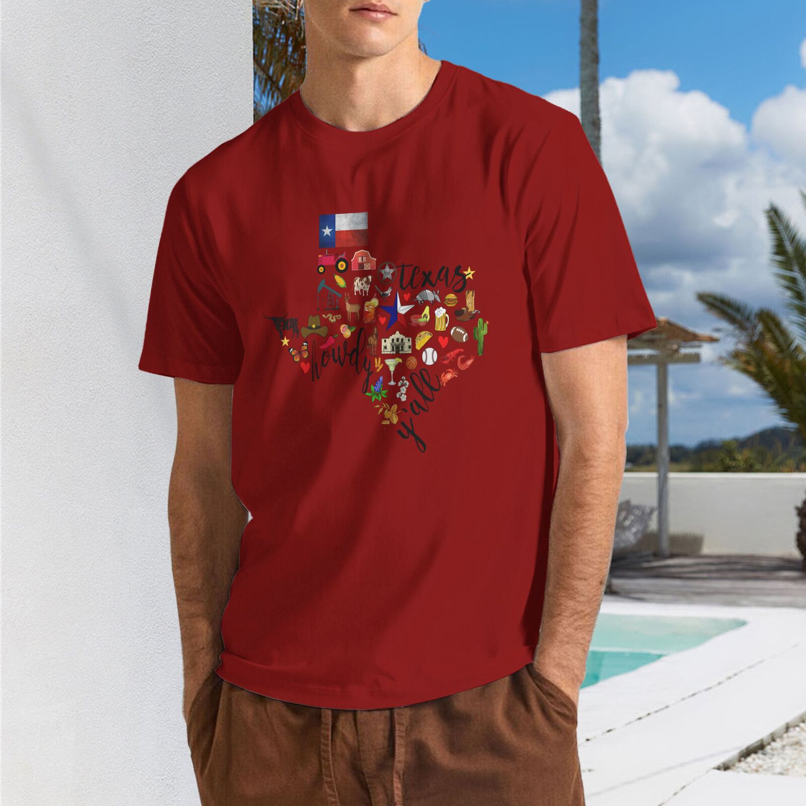 Texas Cowboy Map T-Shirt 100% Cotton Crew Neck Short Sleeve Texas Pride Home Tee CULTSTV303