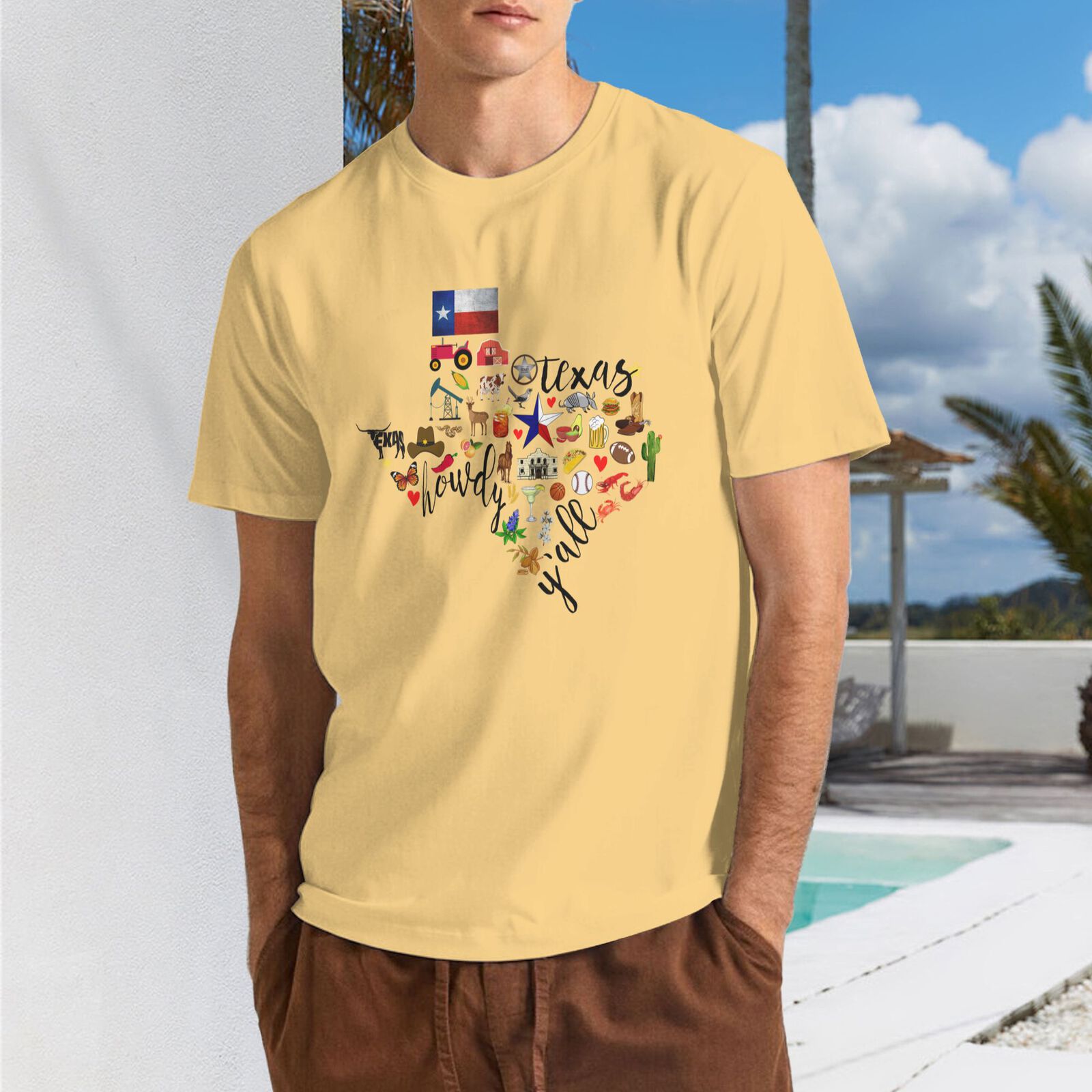 Texas Cowboy Map T-Shirt 100% Cotton Crew Neck Short Sleeve Texas Pride Home Tee CULTSTV303