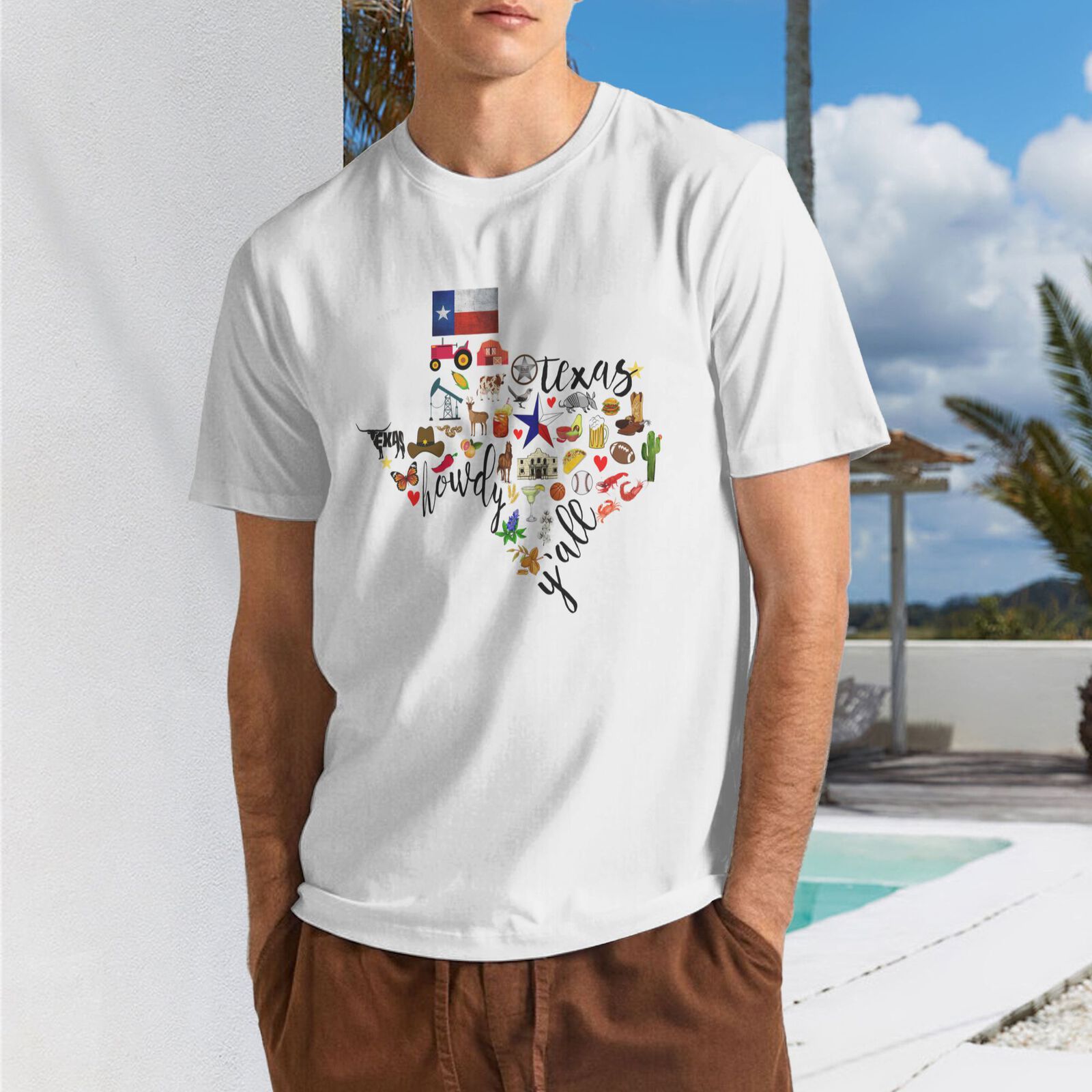 Texas Cowboy Map T-Shirt 100% Cotton Crew Neck Short Sleeve Texas Pride Home Tee CULTSTV303