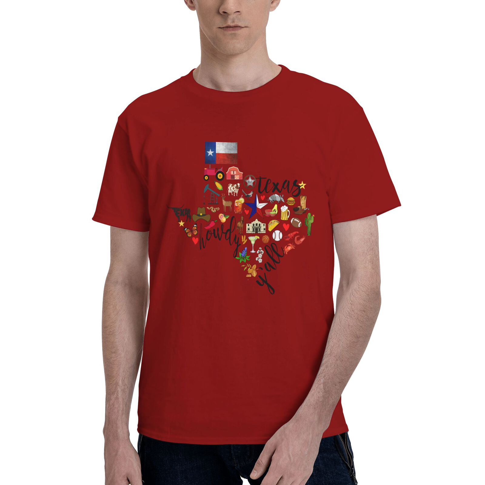 Texas Cowboy Map T-Shirt 100% Cotton Crew Neck Short Sleeve Texas Pride Home Tee CULTSTV303