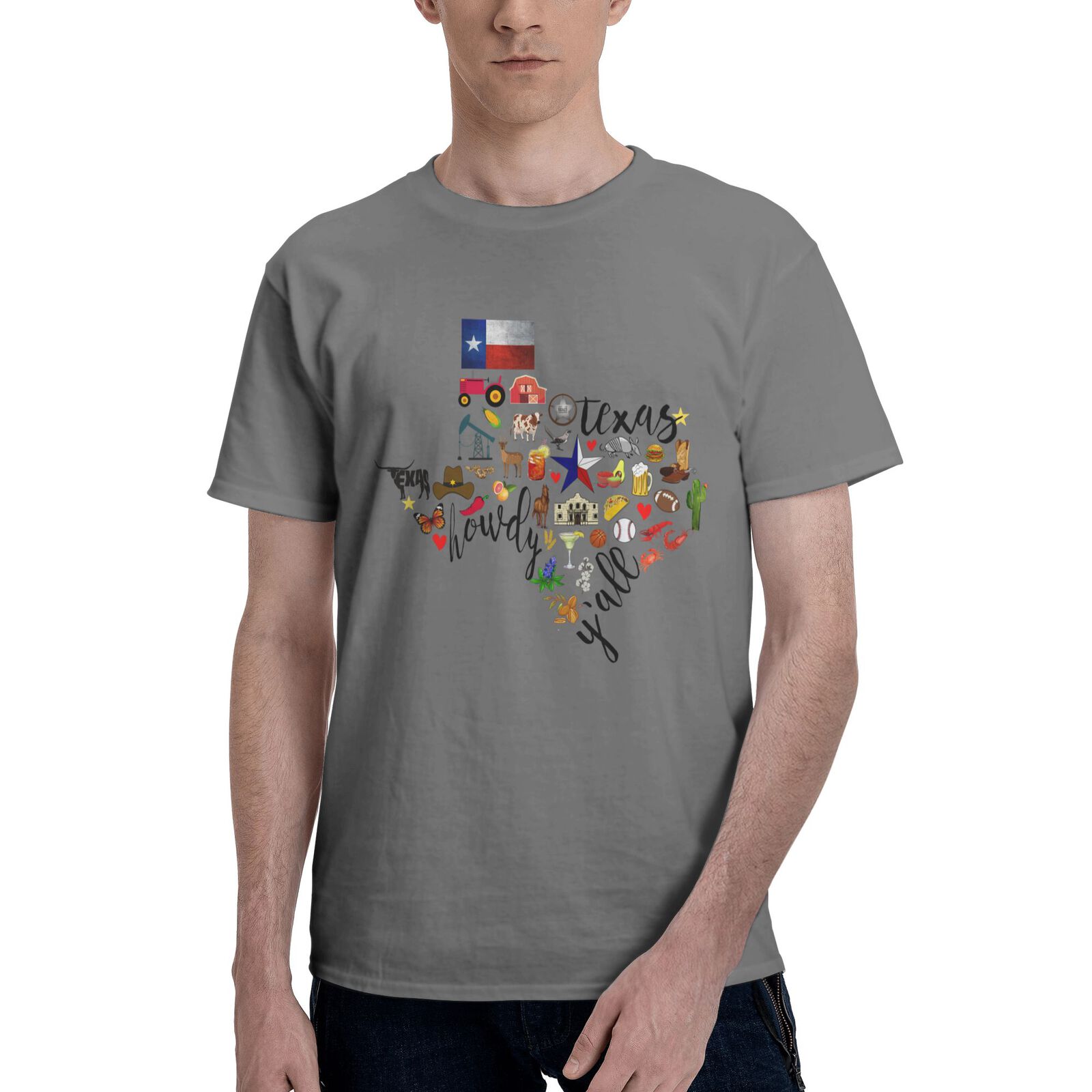 Texas Cowboy Map T-Shirt 100% Cotton Crew Neck Short Sleeve Texas Pride Home Tee CULTSTV303
