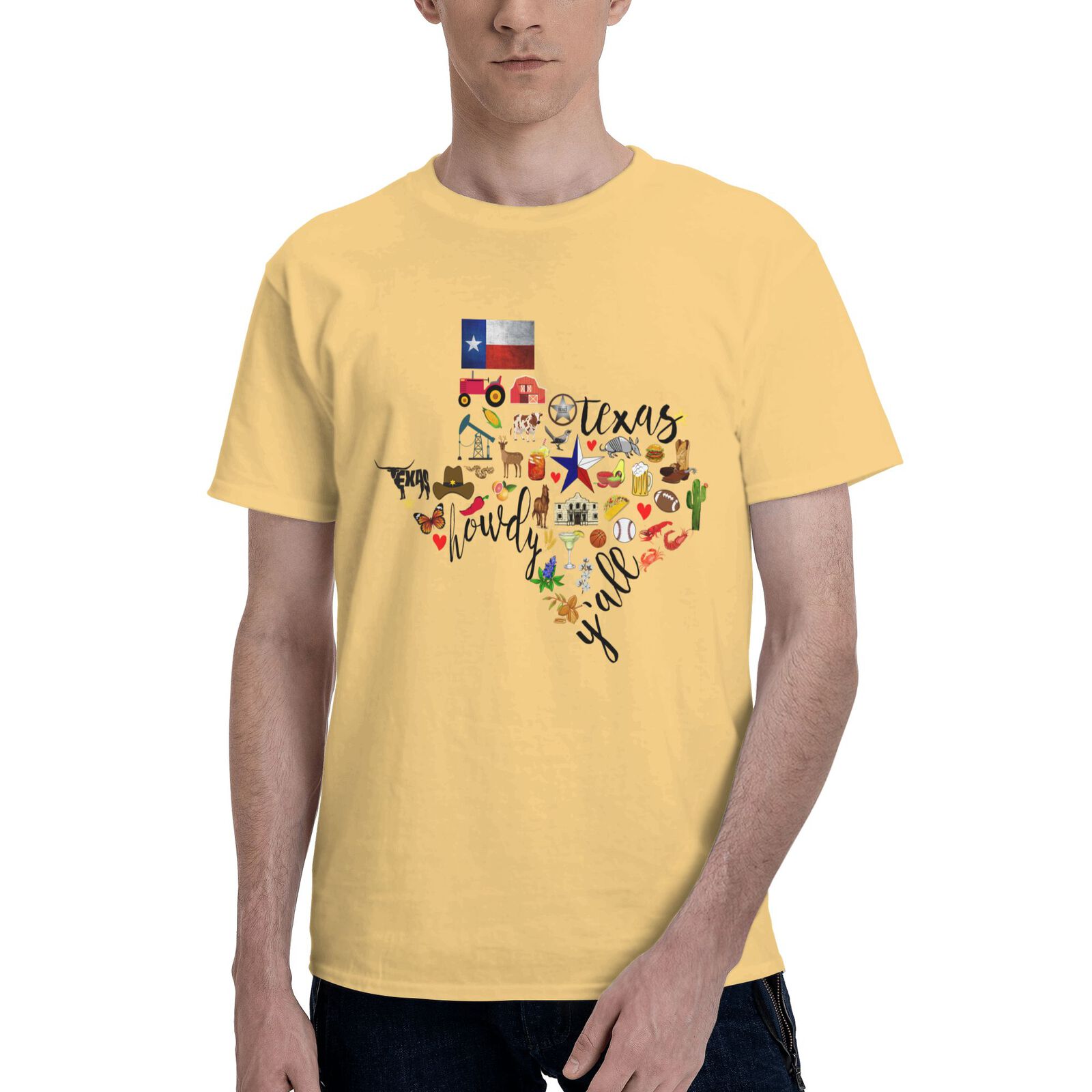 Texas Cowboy Map T-Shirt 100% Cotton Crew Neck Short Sleeve Texas Pride Home Tee CULTSTV303