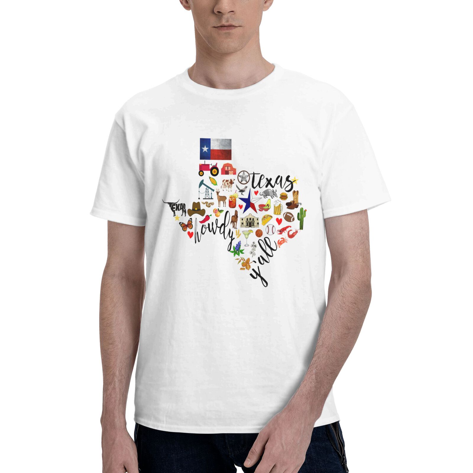 Texas Cowboy Map T-Shirt 100% Cotton Crew Neck Short Sleeve Texas Pride Home Tee CULTSTV303