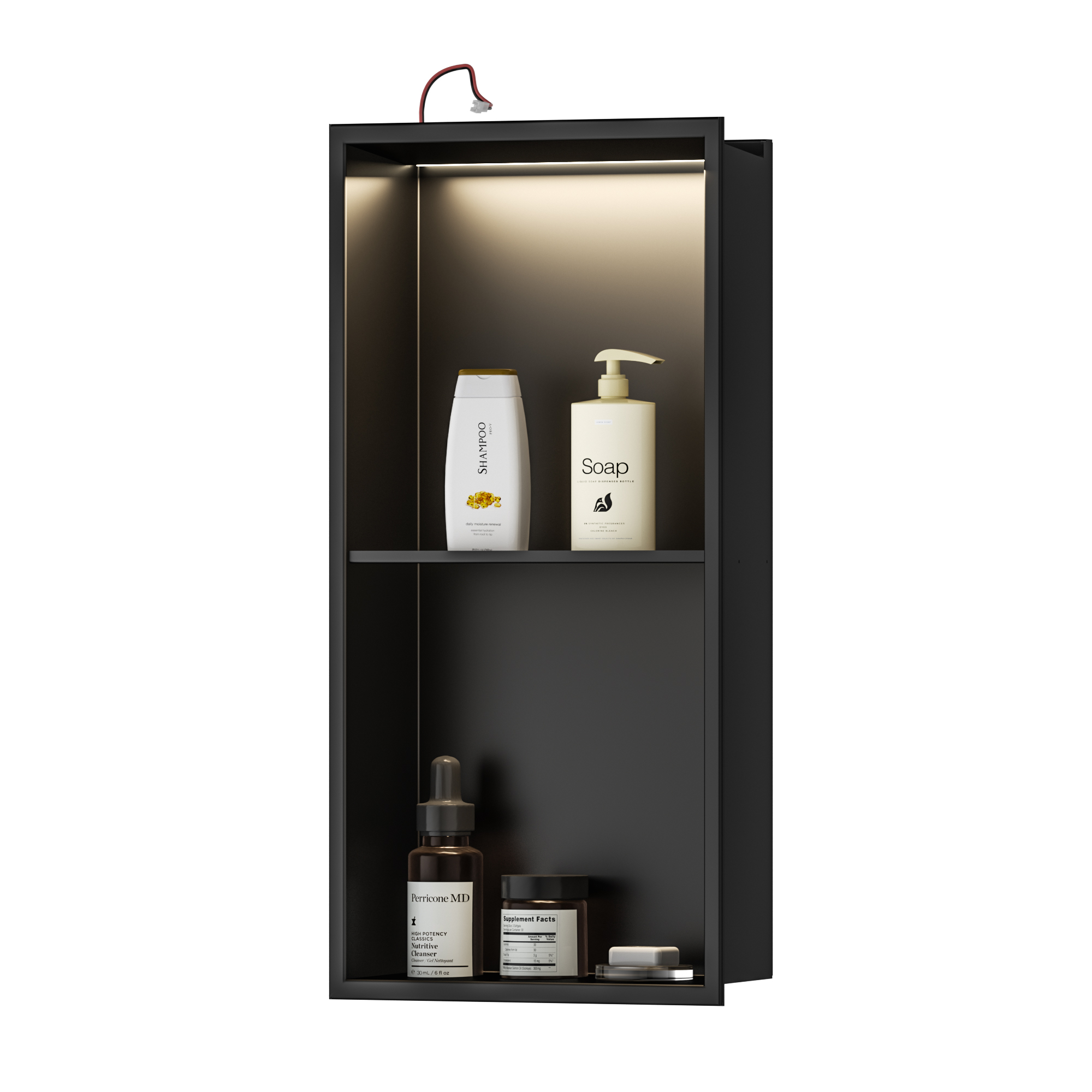 Neodrain LED Tube Wall Niche, 24"X12" Matte Black Wall Niche, Stainless Steel Bathroom Niche with Led Light, Recessed Shower Niche Cubby for Shampoo Over Mount Installation, NO Tile Needed