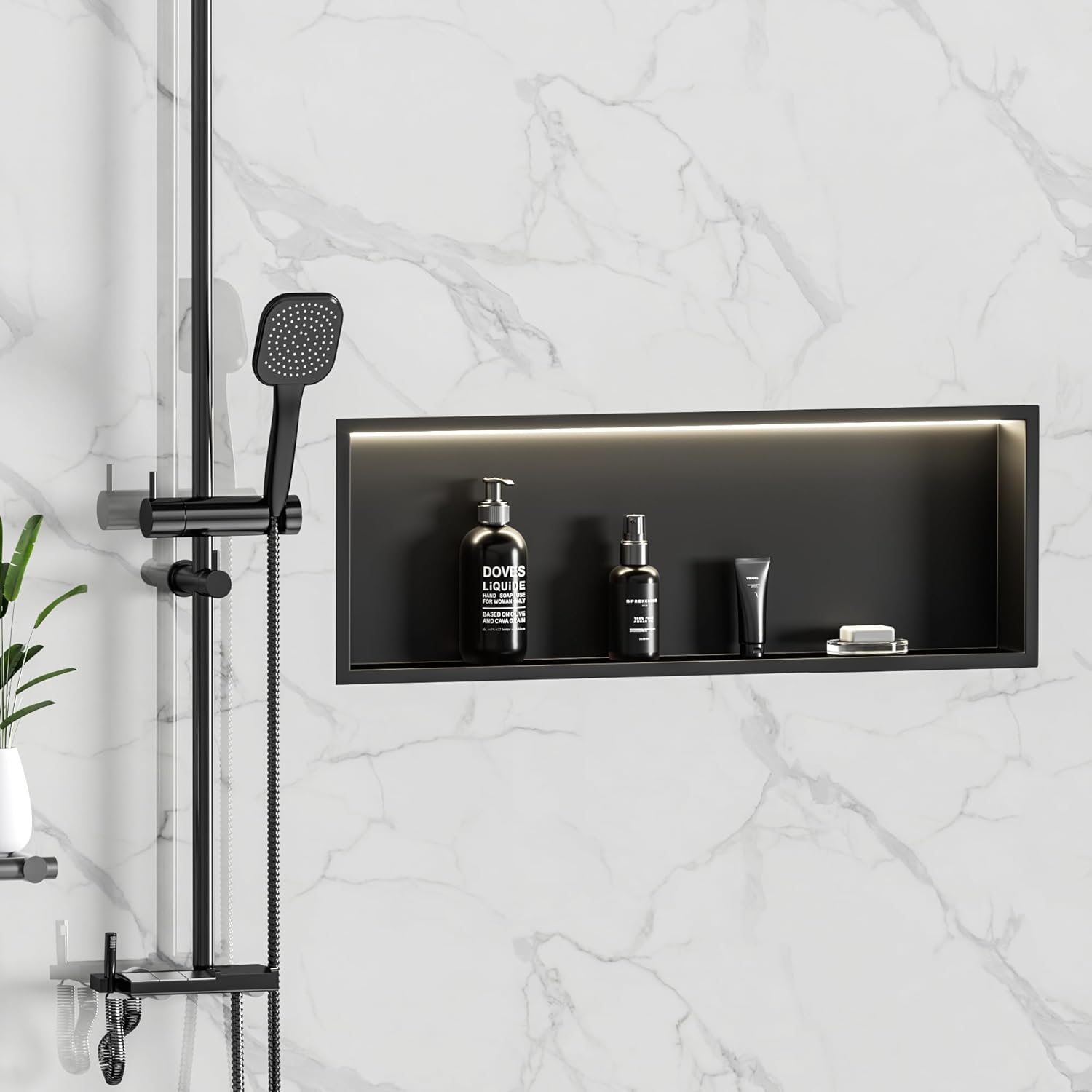 Neohomee 36x12 Matte Black Wall Niche with Non-dimmable LED Light Strip, StainlessSteel Shower Niche Cabinet, NO Tile Needed Recessed Niche Storage Organizer for Shampoo