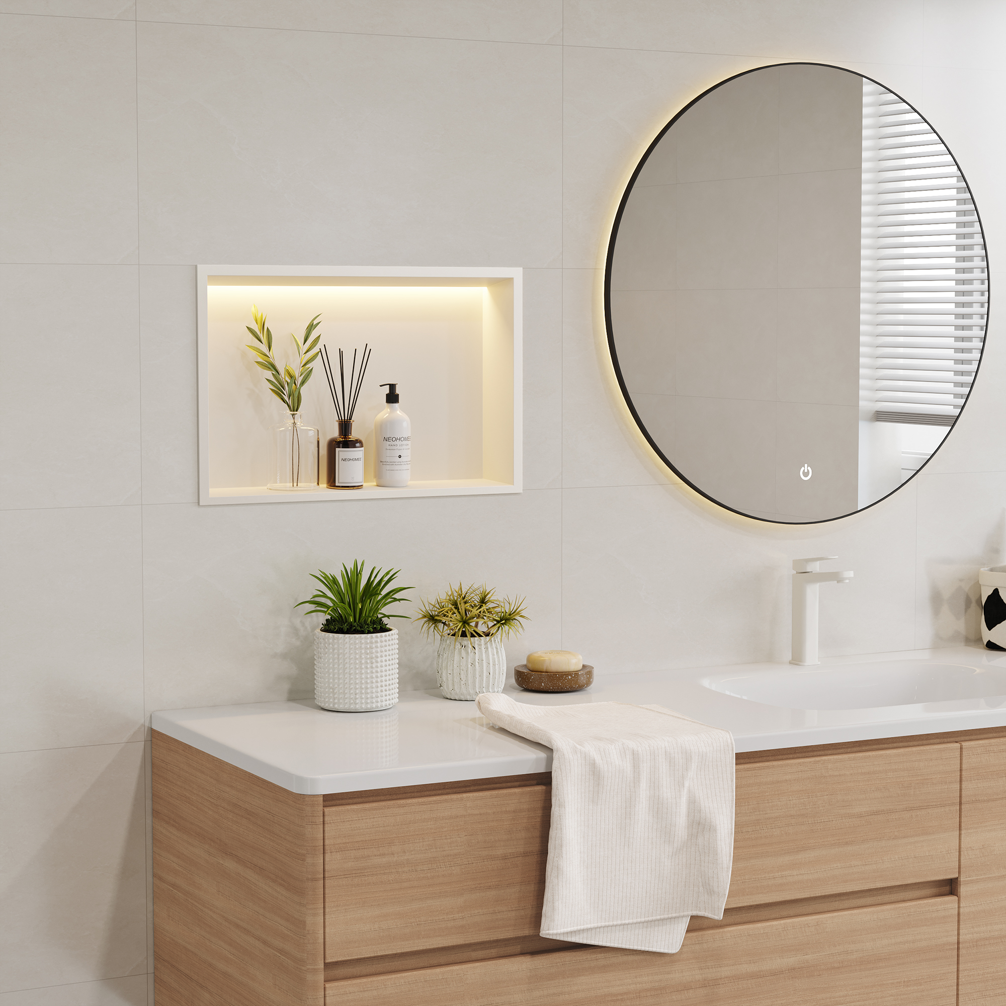 Neohomee 18x12 Wall Niche with LED Light Strips, White Shower Niche Cabinet, Stainless Steel Bathroom Shelf, NO Tile Needed Recessed Niche Storage Organizer