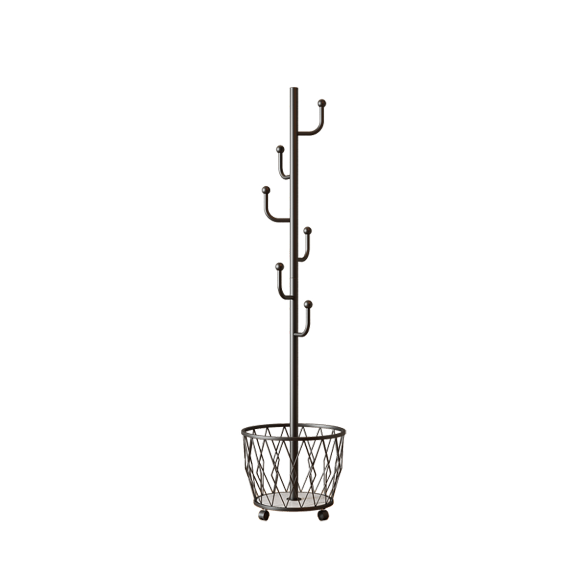 Black Cactus shaped Coat Rack Hanger Freestanding, Metal Clothes Rack with Basket 6 Hooks to Hang Clothes, Hat, Bag for Entryway, Hallway, Bedroom