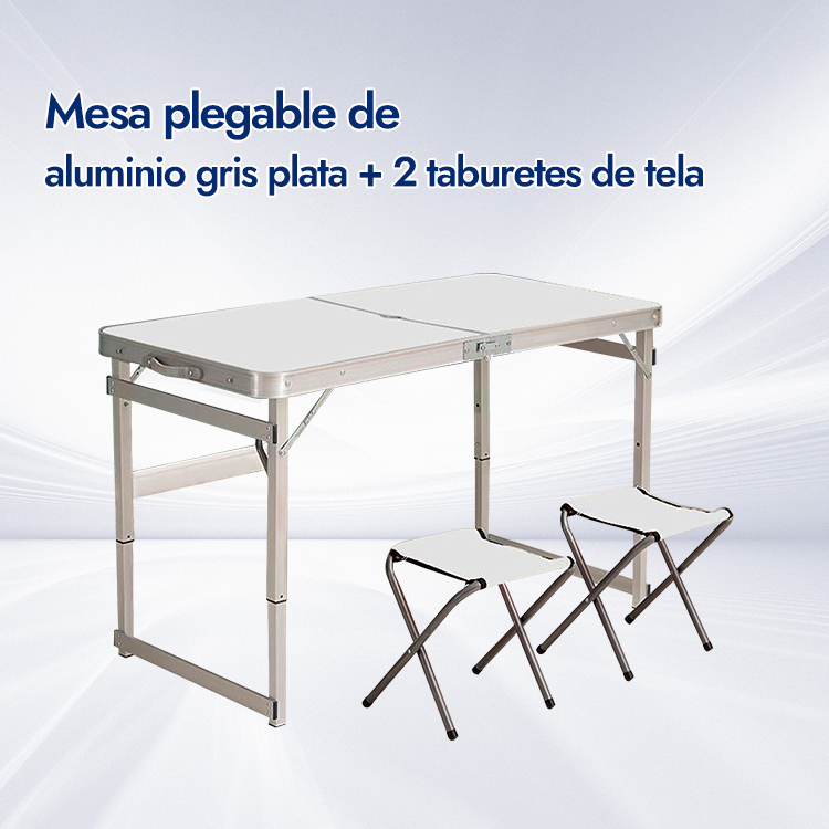 Mesa plegable de aluminio gris plata + 2 taburetes de tela