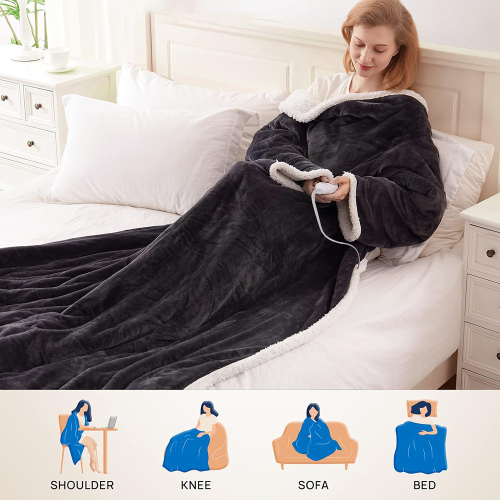 Electric Heating Blanket – Wearable Flannel Lamb Wool Heated Blanket With Sleeves
