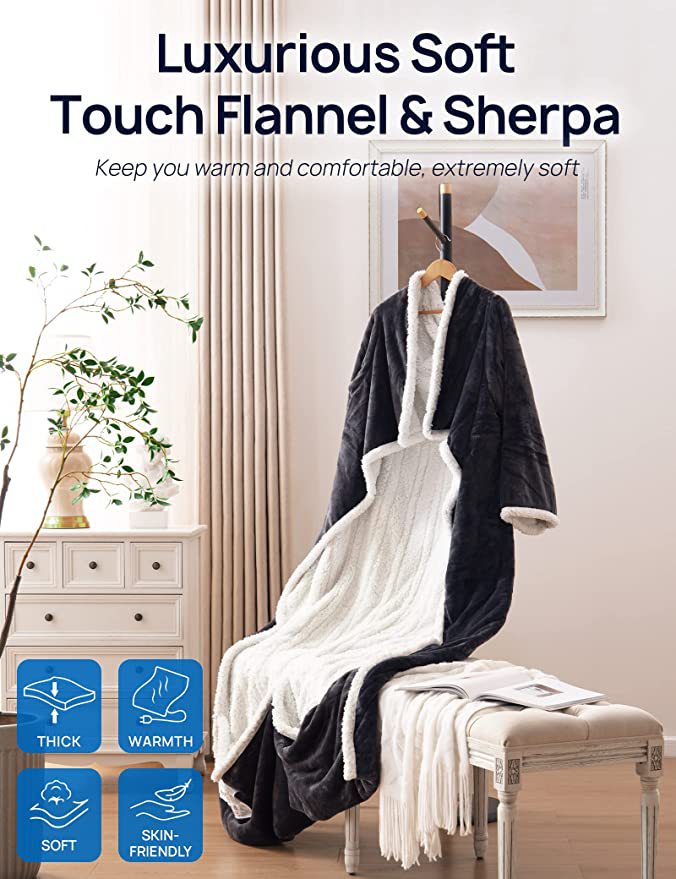 Electric Heating Blanket – Wearable Flannel Lamb Wool Heated Blanket With Sleeves