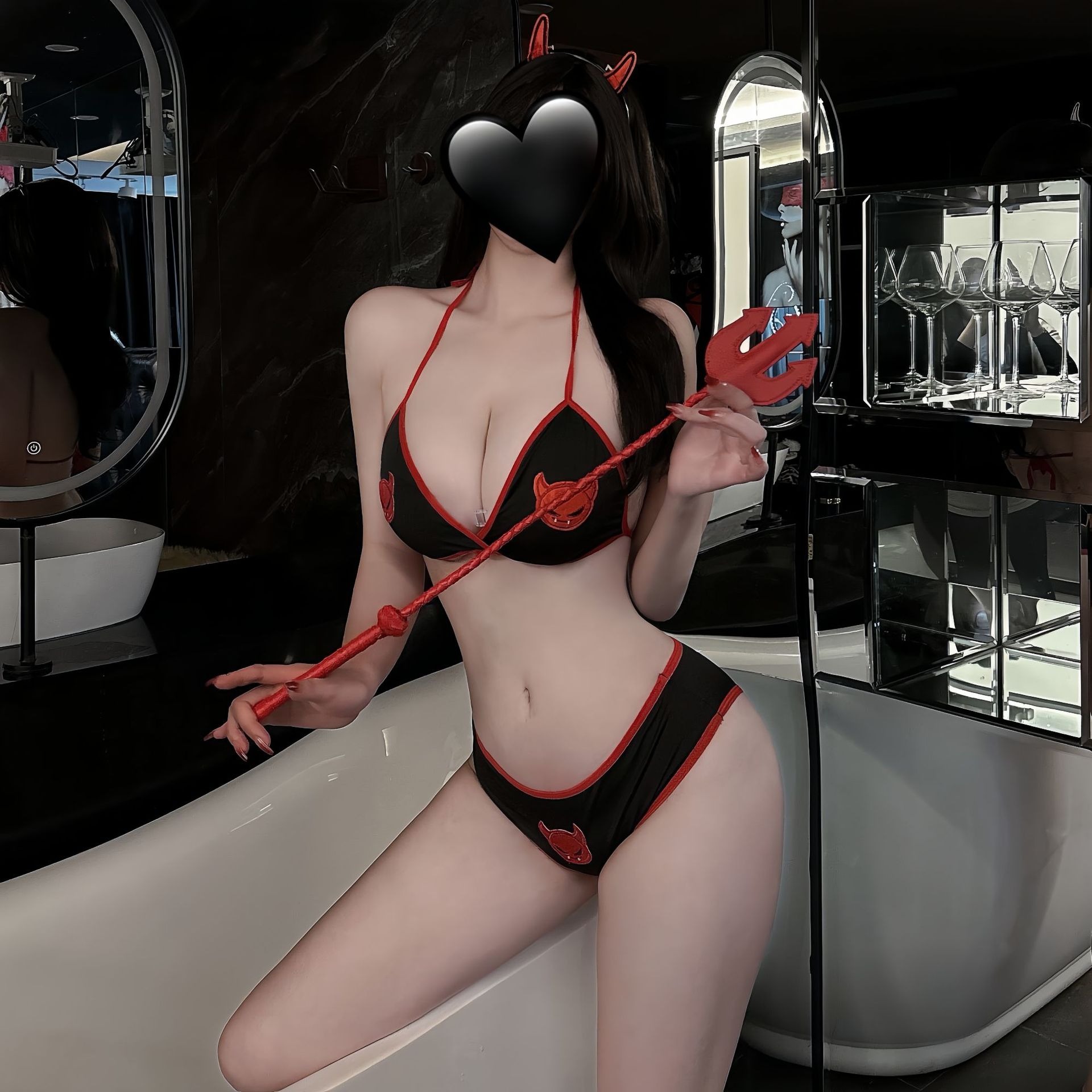 Sexy Devil Bikini Lingerie Set – Black & Red Halloween Costume