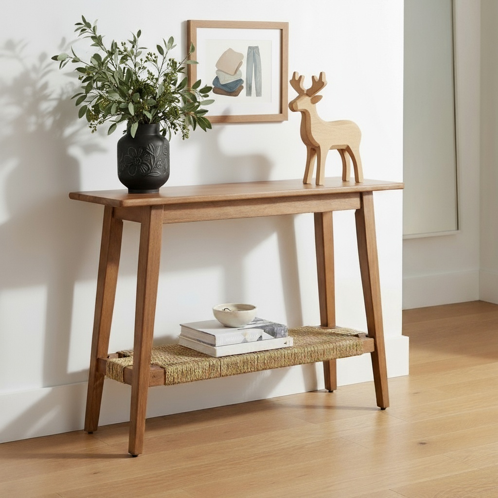 46" Woven Rattan Console Table | Modern Boho Sofa Table with Storage