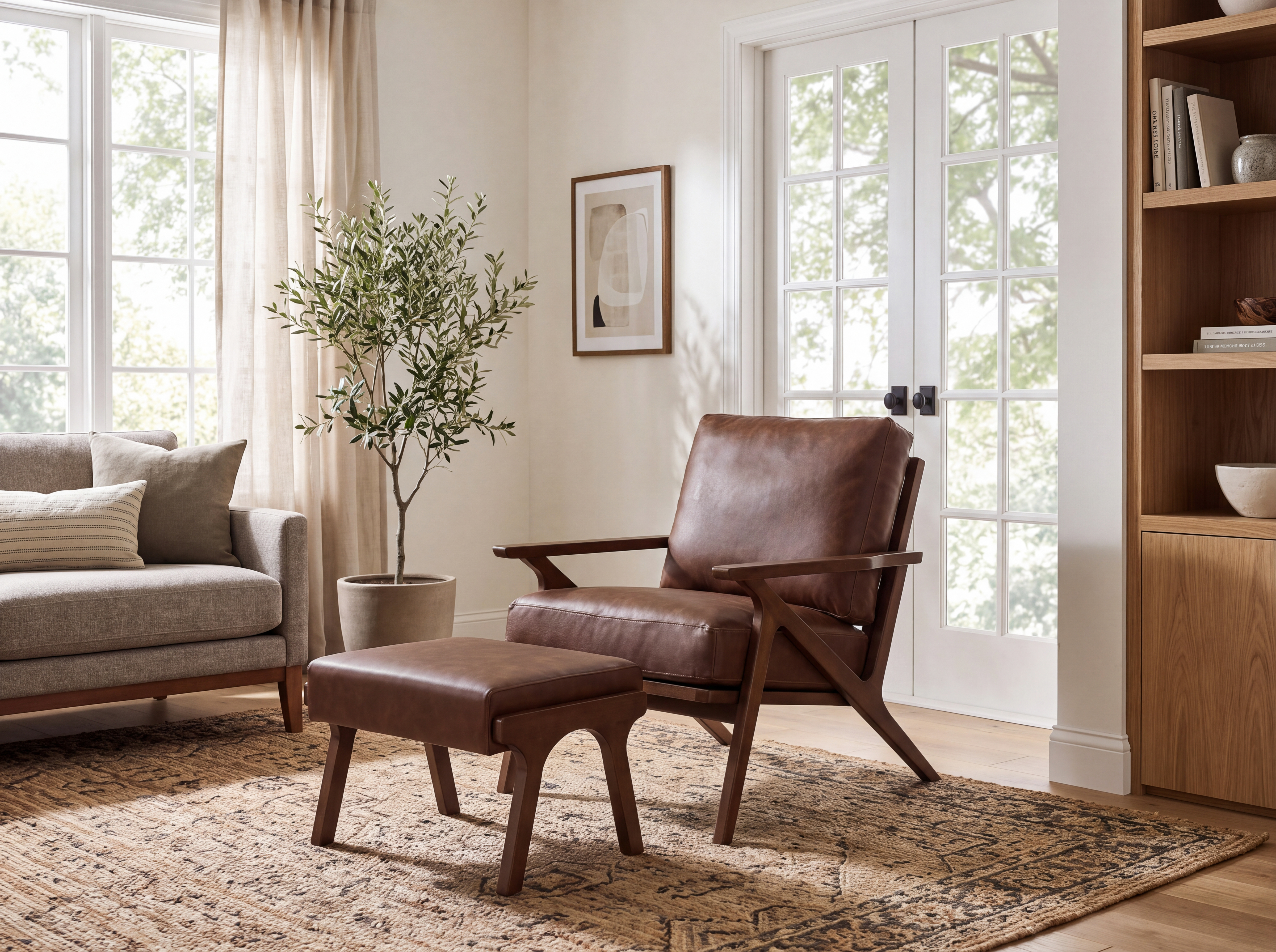 Mid-century lounge chair with a solid walnut frame and slatted back