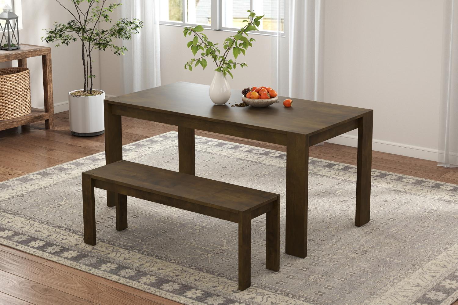 Chunky block-style solid wood legs on a rectangular dining table
