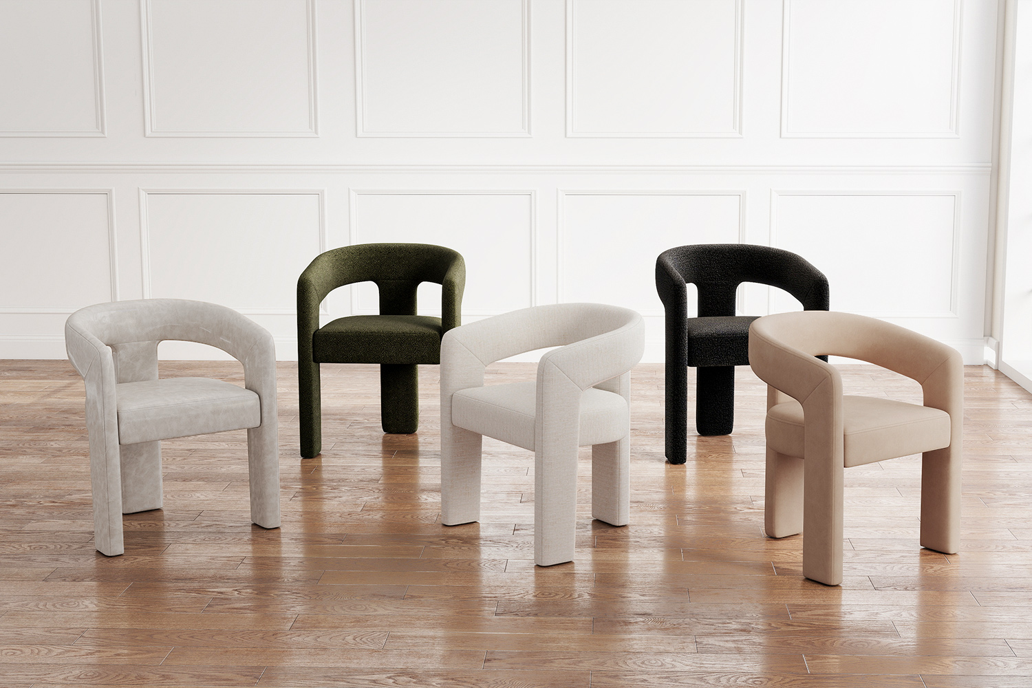 Dove Dining Chair collection shown in grey, dark green, ivory white, charcoal, and khaki upholstery options.