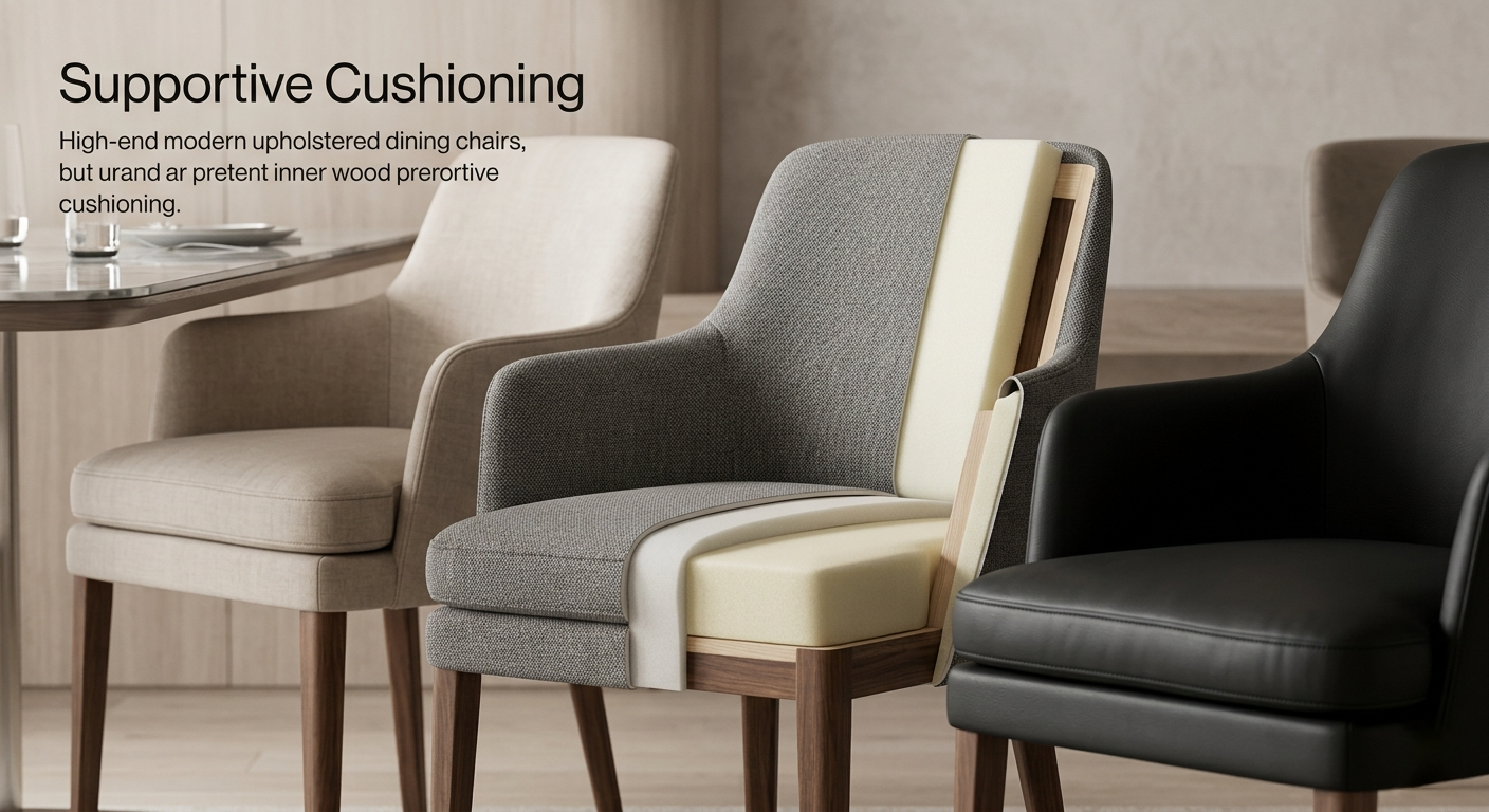 Internal structure of a modern upholstered dining chair showing high-density foam cushioning and solid wood inner frame.